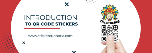 Banner for QR code stickers promotion. It features a hand holding a QR code sticker. The banner reads Introduction to QR Code Stickers and includes the website URL www.stickereuphoria.com on a red and white background.